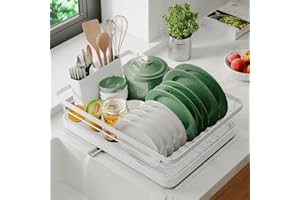 Marctani Scolapiatti da Appoggio per Lavello ACCIAIO INOX - Scola Piatti da Cucina di ALTA CAPACITÁ - Colapiatti Removibile con Scarico 360º ESTENSIBILE (1L Bianco)