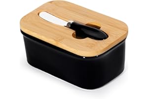 Theo&Cleo Beurrier en céramique avec couvercle en bois, 250 g de conservation du beurre, en porcelaine, couteau à beurre vintage (noir-2)