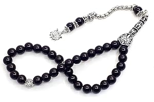 Perlin Gebetskette Tesbih Tasbih Tespih Misbaha Subha 33, 28cm, Muslimisches Islamic Rosenkranz Prayer Anbetungszubehör Halbedelstein Onyx Schawarz Perlen Kugel 8mm