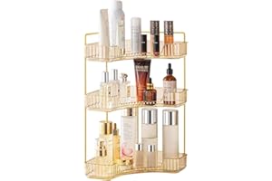 CESTATIVO Corner Bathroom Counter Organiser, Vanity Trays for Bathroom, Skincare Makeup Organiser Shelf, Vanity Organiser, Bathroom Counter Shelf for Cosmetics, Toiletries, Lotions, Perfumes (3 Tiers, Amber)