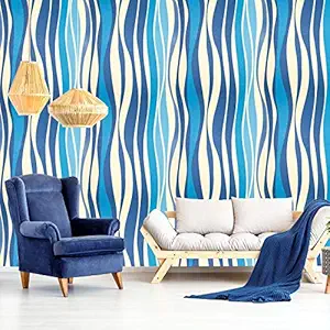 Wolpin Wall Stickers Wallpaper (45 x 500 cm) Abstract Zebra Wave Stripes Self Adhesive Decals for Office, Living Room Modern Decals DIY, Blue