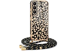 Mkej Funda para Samsung Galaxy S22 con Cuerda, TPU Suave Silicona diseño de Leopardo con Chapado en Oro de Lujo, Funda Samsung Galaxy S22 Cuerda para Mujeres y niñas, Oro Negro