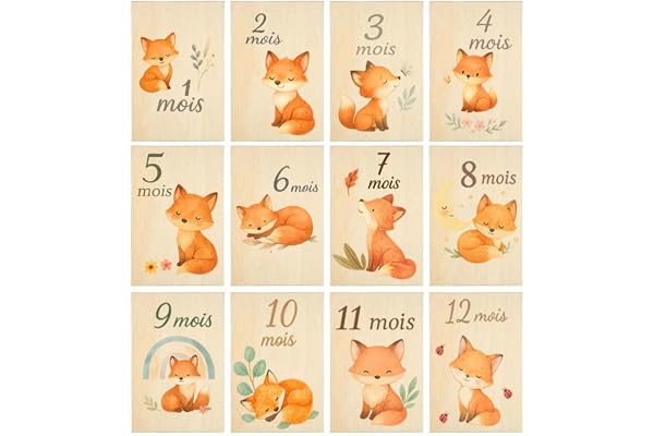 Cartes étapes bébé originale bois recto verso – Lot 12 mois – Motif renard – Accessoire photo naissance, baby shower et cadeau de naissance original pour suivre la croissance de bébé fille ou garçon