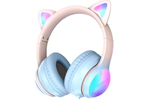 Kid Odyssey Kids Bluetooth Headphones, Cat Ear Kids Headphones Wireless with RGB Dazzling Effects Light, 50H Playtime, Bluetooth 5.3, Foldable Headphones with Mic for Tablet PC School Travel