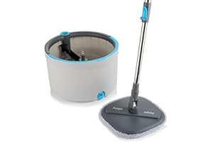 Minky Opti-Clean Spin Mop, 360° Spin & Rinse & Wringing System, Reusable Powerful Microfibre Velcro Pad, Dual Cavity 2L Bucket with Sturdy Handle, Light Grey Bucket with Dark Grey Trim & Blue Accents