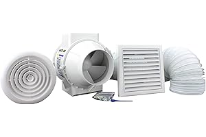 Fantronix 100mm - 4 inch Dia Inline Bathroom Fan Kit with Run ON Timer Bathroom Fan with Timer Kit Loft Mounted Kitchen Utility Room Vent Cover with Mesh