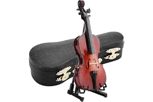 Miniatyr cello prydnad 14 cm trämodell med fodral | Basswood hantverk, stativ och rosett ingår, skrivbordshylla musikrum display, icke-spelbar samlardekor