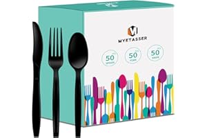 MYETASSER 150 Stück Plastikbesteck, Strapazierfähiges Besteck Set aus Kunststoff, Familienfeiern, schwarz, Wiederverwendbar, Partyutensilien