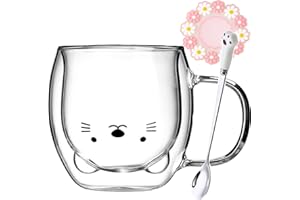 Arawat Tasse Chats Verre Verres à Double paroi Chat avec Anse Tasse à café avec cuillère & Soucoupe Tasses à café Verres à Boire Verres à thé Chat Tasses à Espresso Cadeau pour Noël