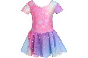 zffriction Girls Ballet Dress Shiny Short Sleeve Ballet Outfit Dance Ballet Leotard Ballerina Costume with Sequin Chiffon Skirt