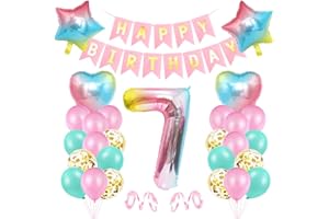 BLUELVES Luftballon 7 Geburtstag Rosa, Geburtstagsdeko 7 Jahr Mädchen, Riesen Folienballon 7 Rosa, Deko 7 Geburtstag Mädchen, Ballon 7 Deko zum Geburtstag, Bunt Folienzahlen Ballons 7, Banner