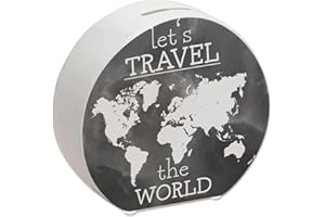 SPEECHEESE Salvadanaio con motivo a mappa del mondo e testo – let's travel The world in nero salvadanaio con motivo acquerello e bel design per risparmiare su un viaggio mondiale o sulle prossime vacanze