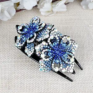 MIZORRI Double Flower Rhinestone Hair Claw Clip, Crystal Fancy Hair Bun Clip, Long Hair Back Clip,Bling Shiny Ponytail Holder Catch Barrette No Slip French Curved Duckbill Hair Clamp For Women & Girls