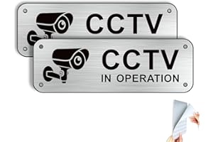 Goodvia CCTV in Operation Sign with Small Size 2x6'' Brushed Aluminum with Self-Adhesive Stickers for Door Wall or Window Indoor or Outdoor Waterproof CCTV Signage 2 Pack