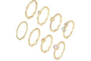 FUNEIA 8 Stück 14 Karat Vergoldet Ringe Set Gold Damen Stapelringe Fingerring Gold Sliver für Frauen Herz CZ Dünn Verlobungsring Eheringe Goldene Ringe Set Wasserfest Schmuck