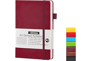 AEYAKA Carnet de Notes A5 Pointillé Bullet Journal Dotted A5 Couverture Rigide et Fermeture élastique Porte-stylo Étui en Cuir PU Papier épais 80 g/m², 15 x 21 cm (Pointé, Vin)