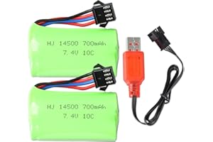 ACXILEXY Paquete de 2 Baterías RC de 7,4V 700mAh 10C con Enchufe SM-4P y Cable de Carga USB para Modelos de Coches RC, Buggy, Barcos RC, Camiones, Semirremolques de Plataforma Plana RC y Gel Blaster