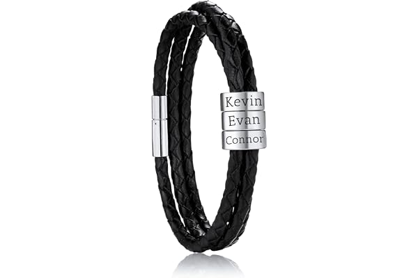 OTXIXTO Personnalisé 2-6 Noms Bracelets Personnalisée ID pour Femmes Hommes Cuir Véritable Perles en Acier Inoxydable Manchette Tressée Cadeaux de Demoiselle d'honneur Meilleur Ami