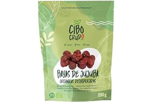 CIBO CRUDO CRUDO BIOLOGICO VEGAN Bayas de Azufaifa Orgánicas y Crudas - 200 g. Jujube Frutos Rojos Secos sin Azúcar Añadido. Contienen Vitaminas Minerales y Fibra. Para Añadir a Yogures/Batidos o Dulces y Mermeladas.