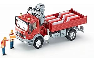 siku 3534, Camion avec zone de chargement et grue, 1:50, Métal/Plastique, Rouge, 2 figurines de jeu et 10 blocs de guidage du trafic inclus