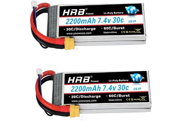 HRB 2pcs 2200mAh 7.4V 2S 30C LiPo Batterie avec Prise XT60 Compatible avec Rc Traxxas 1/16 E-Revo VXL Summit Slash Losi 1/14 Voitures Mini Right et Rc