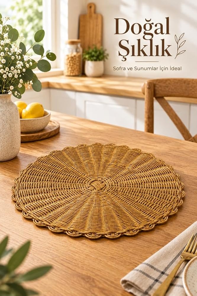Doğal Rattan Yuvarlak Supla 36 cm | Bohem Örgü Amerikan Servisi Ve Dekoratif Tabak Altlığı