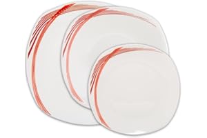 UNIQUE HOME LIVING 12-Piece Dinner Set, White Ceramic Kitchen Dinnerware Sets with Dessert/Soup/Dinner Plates, Service for 4, Microwave & Dishwasher Safe - Red Curve Lines