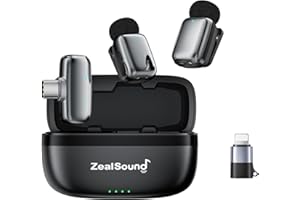 zealsound Mini Micrófono Inalámbrico Solapa para Phone 15/16 Android y PC (USB-C/Lightn-ing), 33H Duración, Reducción de Ruido, Micrófono Lavalier Inalámbrico para ASMR, Podcast, Youtube, Vlog