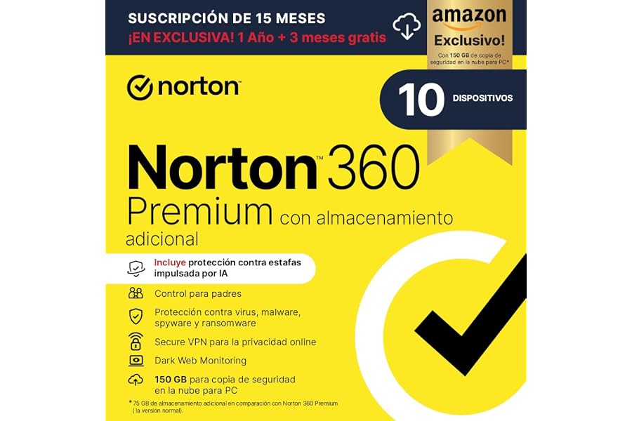 Norton 360 Premium Exclusivo Amazon*|Antivirus 10 Dispositivos|15 meses| Descarga digital