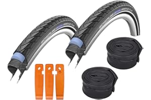 Schwalbe Marathon Plus Lot de 2 pneus de vélo pour vélo de randonnée et de cross, avec 2 tuyaux Schwalbe SV17 avec délève-pneus SKS