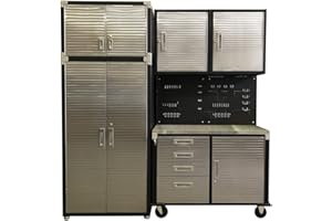 Seville Classics HD 6 Piece Mid Size Garage Storage System Stainless Steel Rolling Workbench, Steel Upright Cabinet and Overhead Hanging Wall Cabinets