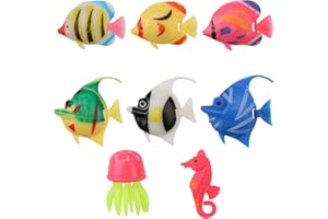 Teuena 8 Pcs Colourful Assorted Artificial Fishes Floating Decorations, Plastic Fish Tank Fake Fish Moving Floating Aquarium Ornament Sensory Bubble Tube Aquarium Tiny Tropical Jellyfish Seahorse