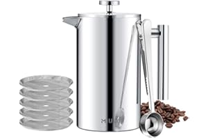 MaxMiuly French Press 1L/8 Cup Cafetiere Stainless Steel Coffee Press Double Wall Sliver Coffee Maker Insulated Coffee Pot with 8 Additional Coffee Set