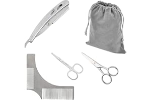 KEAIDUO 4 Pieces Beard Trimming Scissors Set, Grooming Scissors for Men and Mustache Beard Comb Straight Razor Kit with Storage Bag (4pcs)