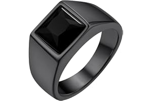 GOLDCHIC JEWELRY Men's Square Gemstone Singet Rings, Personalized Stainless Steel Pinky Ring with Black Onxy Blue Topaz Birthstone Statement Ring