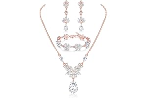 Milacolato Set Gioielli Sposa per Donna Collana Goccia Cristallo Scintillante CZ Orecchini Pendenti e Bracciale con Ramo di Alloro Set Gioielli Sposa Argento Oro Rosa per Ballo Damigella d'Onore