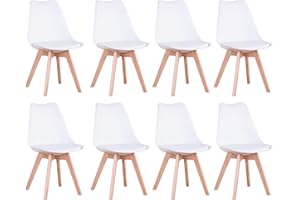 BenyLed Juego de 8 Sillas de Comedor con Asiento Tapizado y Patas de Madera de Haya Ideal para Comedor, Cocina, Salón, Dormitorio, Blanco