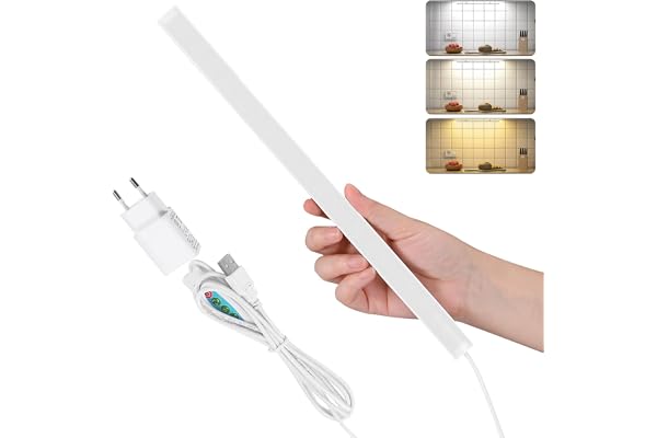 SOAIY Réglette LED pour Cuisine ou Atelier, Lampe de Placard Dimmable à 3 Couleurs Chaude/Froid/Naturelle, Lumière LED avec Prise, 8 * 308 * 17.5mm