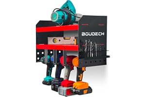 BOUDECH Taka - Estante de acero para herramientas de garaje, organizador de 2 niveles para herramientas eléctricas, soporte de pared para taladros, brocas y destornilladores