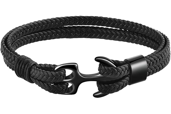 Emibele Bracelet pour Homme en Ceinture de Cuir, Manchette Multicouche Vintage d'Ancrage, Cordage pour Les Hommes, Noir avec Ancre d'Argent