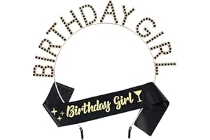 MIOSJI Birthday Girl Sash and Crown Crystal Tiara Headband for Her Women Gift Birthday Decorations Party Supplies (Black Gold)