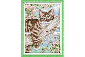 LECZANY Kit de bordado de punto de cruz estampado hágalo usted mismo, línea completa de kits de inicio preimpresos para principiantes: Un gato perezoso en un árbol 27 x 39 cm