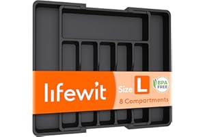 Lifewit Large Cutlery Drawer Organiser, Extendable Cutlery Tray, Kitchen Utensil Spoons Forks Knives Holder Storage, 8 Compartment, Black