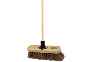 NOVOSTYL 10” STIFF Broom Indoor with Wooden Handle Natural Bassine Bristles Sweeping Brush Durable Support Bracket Cleaning Any Surface Wooden Floor Decking Paving Slabs (1, [Stiff Natural Bassine Bristles])