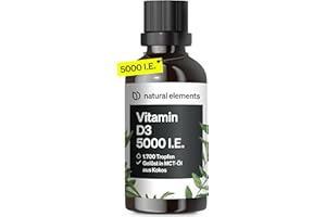 ‎NATURAL ELEMENTS natural elements Vitamin D3 - Laborgeprüfte 5000 I.E. pro Tropfen - 50ml (1700 Tropfen) - In MCT-Öl aus Kokos - Hochdosiert, flüssig