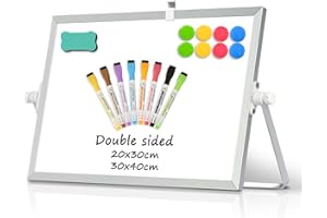 DOLLAR BOSS Magnetic Desktop Whiteboard 20x30cm Double Sided Dry Erase Small White Board with Stand, A4 Mini Whiteboard 8 Pens, 1 Eraser, for Home Office, Back to School Supplies