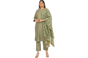 XL LOVE - By Janasya Indisches Damen-Kurta-Set, Übergröße, Olivgrün, bestickt, gerades Kurta-Set