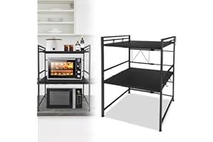 TRMLBE Scaffale per Microonde Espandibile - Scaffale per Microonde a 3 Livelli - Scaffale da Cucina con 8 Ganci - Organizzatore da Cucina per Controsoffitti, Colore Nero