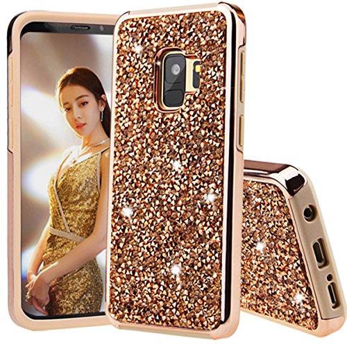 SQMCase Funda Galaxy S9, Heavy Duty Glitter 2 en 1 Rugged Hybrid Soft TPU Interior + PC Dura Exterior con Crystal Shiny Diamond Funda Protectora Completa para Galaxy S9 (Champán Oro)