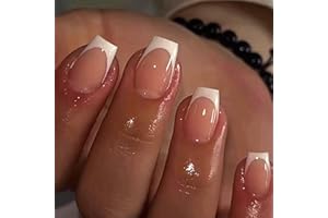 Viugex 24Pcs Uñas Postizas Cortas Cuadradas, Nude Rosa Glossy Press on Nails, Naturales Punta Francesa Blanca Artificiales Adhesivas Uñas, Reutilizables Acrílicas Uñas Falsas para Mujeres DIY Manicura